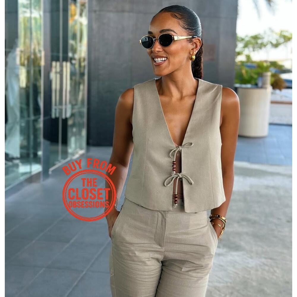 ZARA Sleeveless Linen Vest NWT | Beige Beaded Tie-Front Top Size L - Picture 3 of 16